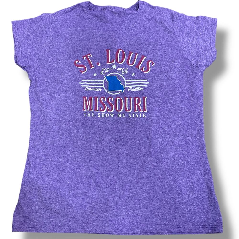 St Louis Missouri Tee Women's Cut The Show Me State Graphic Purple T-Shirt